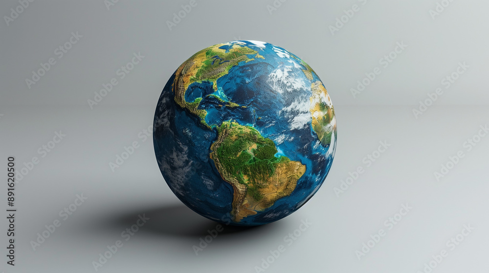 A realistic depiction of the Earth showcasing North and South America. The globe features vibrant colors and detailed textures, set against a plain, light gray background.