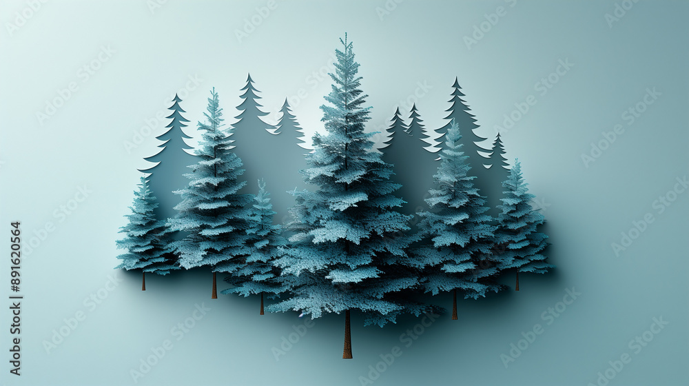 Fototapeta premium Blue evergreen trees arranged in a minimalist, layered design against a light blue background. The trees vary in size, creating a sense of depth and tranquility.
