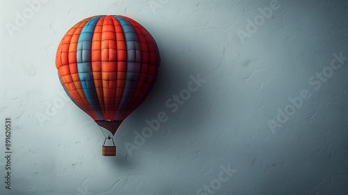 A vibrant hot air balloon with orange, red, and blue stripes floats against a textured light blue wall. The minimalist setting emphasizes the balloon's bright colors and detailed pattern. photo