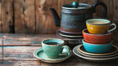 Stack of vintage coffee cups and saucers with a pot of brewed coffee