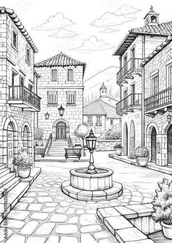 Greek Tavernas and Fountain Square Coloring Page: Detailed Black Line Art