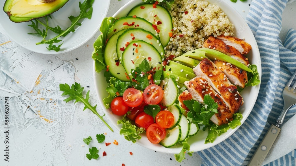 Healthy Salad Bowl with Fresh Vegetables and Grilled Chicken. Delicious and nutritious meal for lunch or dinner. Healthy Salad Bowl with Fresh Vegetables and Grilled Chicken. Delicious and nutritious meal for lunch or dinner.