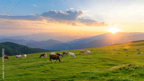 Cows grazing on hill at sunset