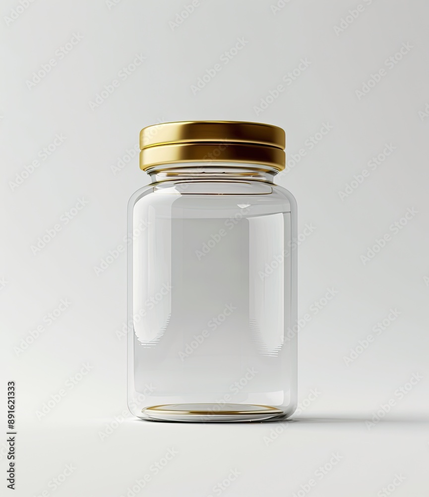 Clear glass jar with a shiny gold lid, perfect for storage or decoration, displayed against a plain white background..