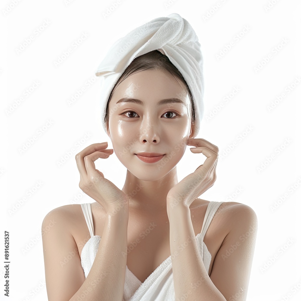 Close-up portrait of a smiling woman with clear, glowing skin, gently touching her face against a white background.. Close-up portrait of a smiling woman with clear, glowing skin, gently touching her face against a white background..