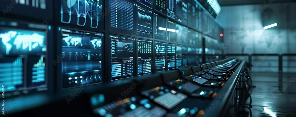 Futuristic Control Room with Multiple Monitors Displaying Data - 3D Illustration Futuristic Control Room with Multiple Monitors Displaying Data - 3D Illustration