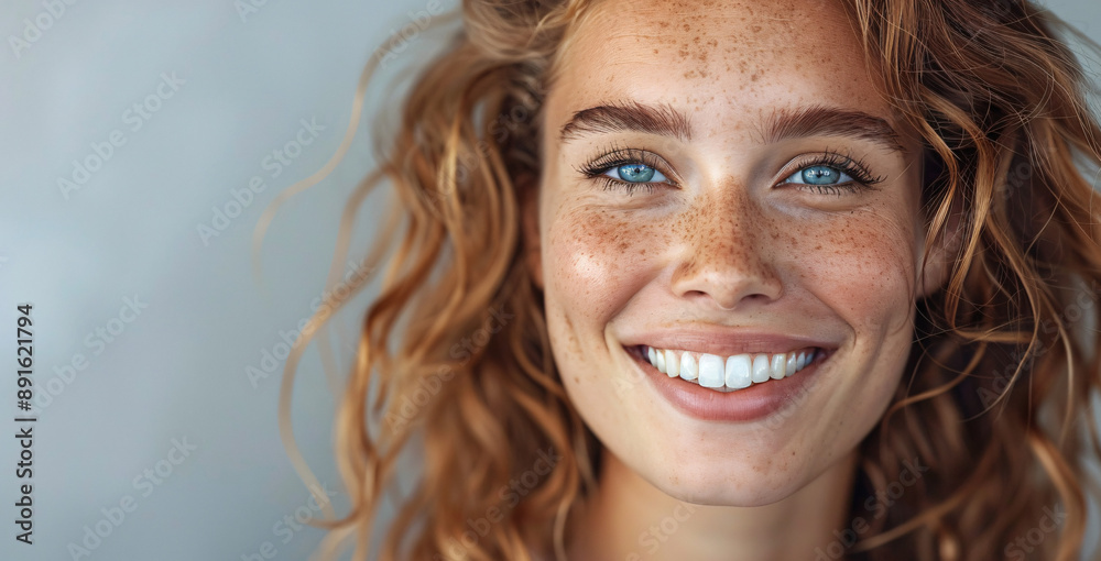 A happy woman smiling in a portrait on a grey background, radiating joy and positivity. Suitable for lifestyle, emotion, and beauty concepts. A happy woman smiling in a portrait on a grey background, radiating joy and positivity. Suitable for lifestyle, emotion, and beauty concepts.