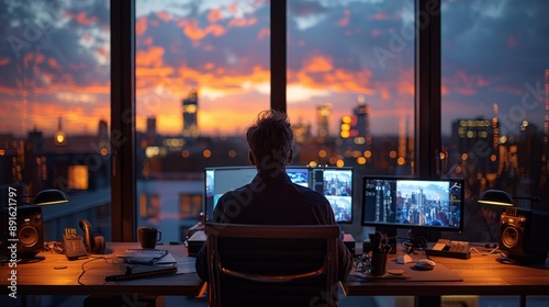 A contractor sitting at a desk, in a modern office building, during the day, ...