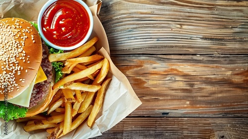 A mouthwatering burger with lettuce and cheese, served with crispy fries and dipping sauces on a rustic wooden table.. photo