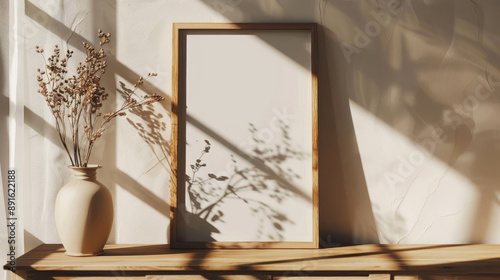 Dried flowers and a blank frame on a wooden shelf by a sunlit wa photo