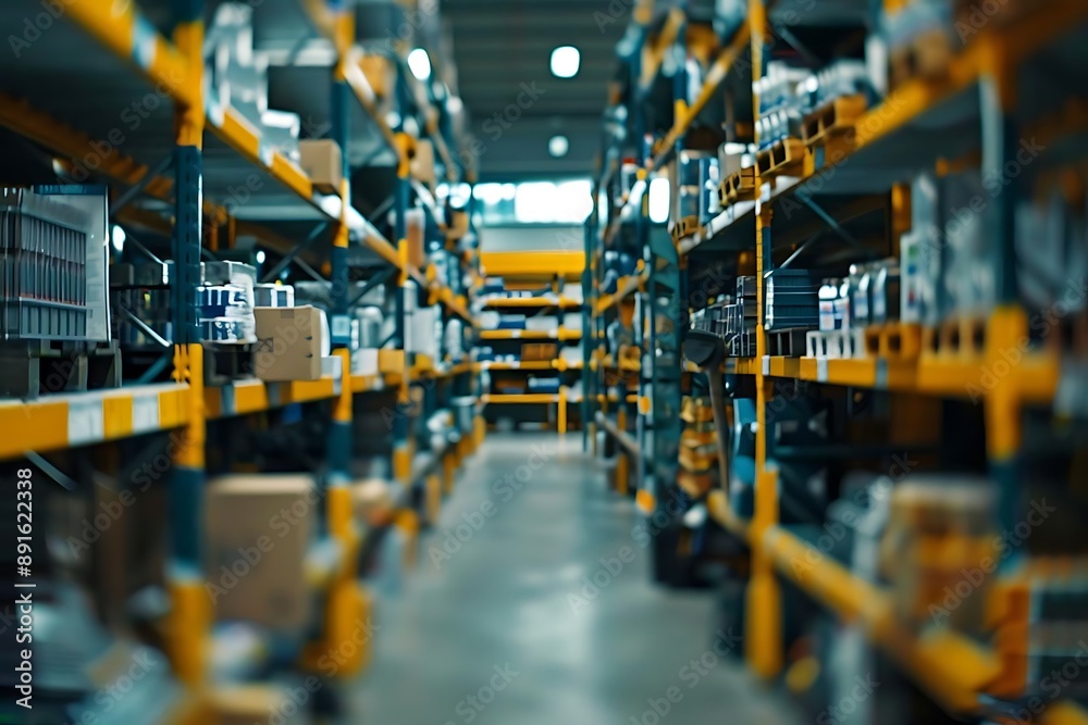 Blurred Warehouse Storage Shelves with Yellow and Blue - Photo Blurred Warehouse Storage Shelves with Yellow and Blue - Photo