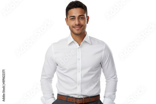 Confident ethnic man with short hair in business casual outfit Isolated on white background
