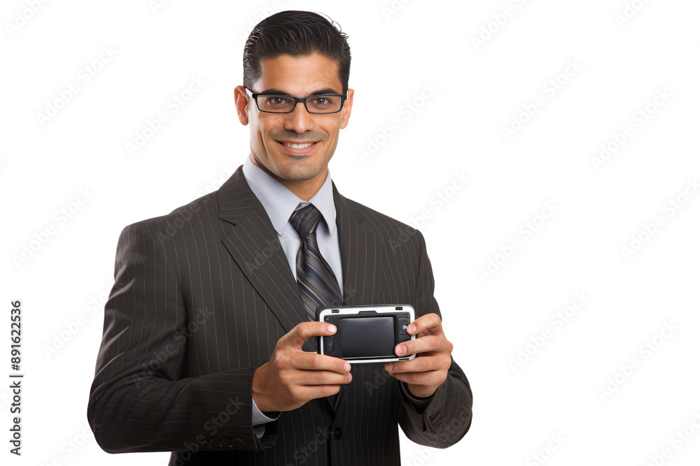 A cheerful man in business attire engages in a handheld video game isolated on a white background A cheerful man in business attire engages in a handheld video game isolated on a white background