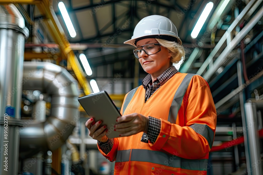 A female engineer wearing a hard hat and safety vest uses a tablet in an industrial facility, focusing on technical management and operations.. A female engineer wearing a hard hat and safety vest uses a tablet in an industrial facility, focusing on technical management and operations..