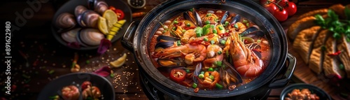 Wallpaper Mural Gourmet seafood stew with herbs and spices in a black bowl, garnished with fresh ingredients, showcasing a rich culinary presentation. Torontodigital.ca