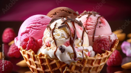 Delicious scoops of ice cream with chocolate drizzle and fresh raspberries in a waffle bowl, perfect for a sweet treat on a sunny day.