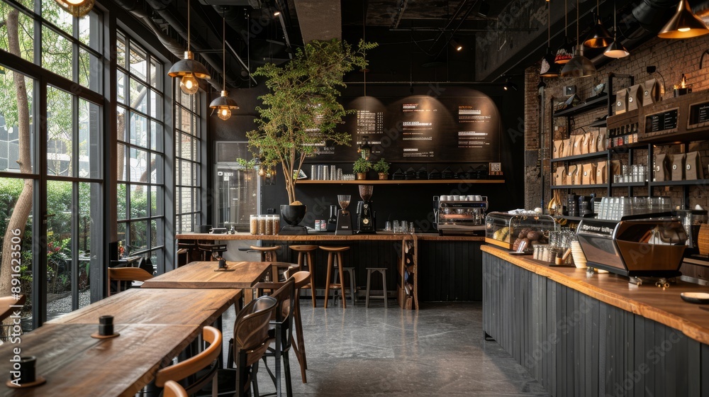 custom made wallpaper toronto digitalInside a chic cafe designed in loft style, dark color palette enhancing the spacious layout and showcasing a diverse coffee selection, ideal for a cozy coffee shop environment