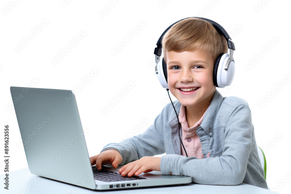 Child attending virtual class at home with headphones Isolated on white background Child attending virtual class at home with headphones Isolated on white background