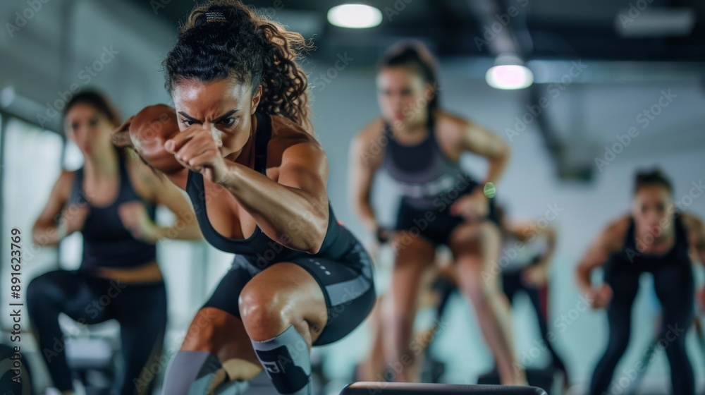 Woman lifting weights in a modern gym, focused and determined expression Woman lifting weights in a modern gym, focused and determined expression