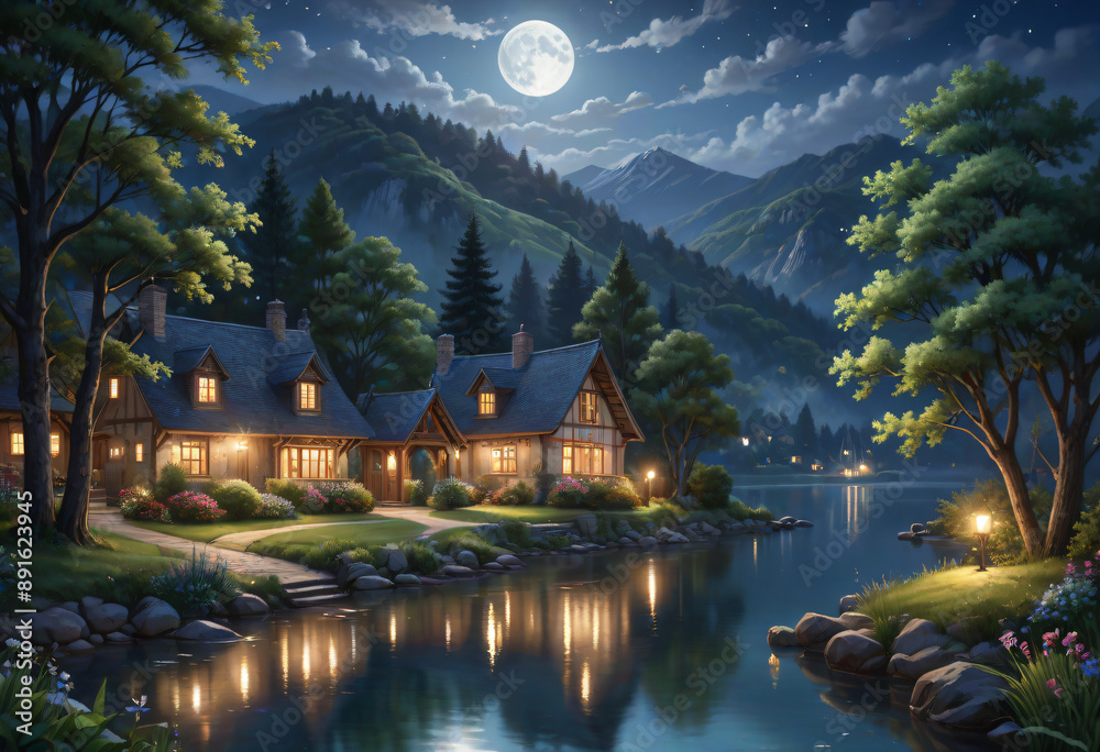 Fototapeta premium night landscape with lake and mountains