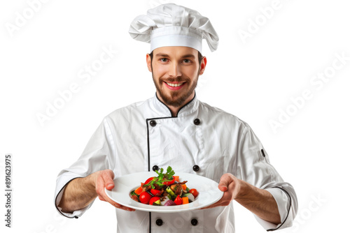 Chef presenting dish with pride in upscale restaurant Isolated on white background photo