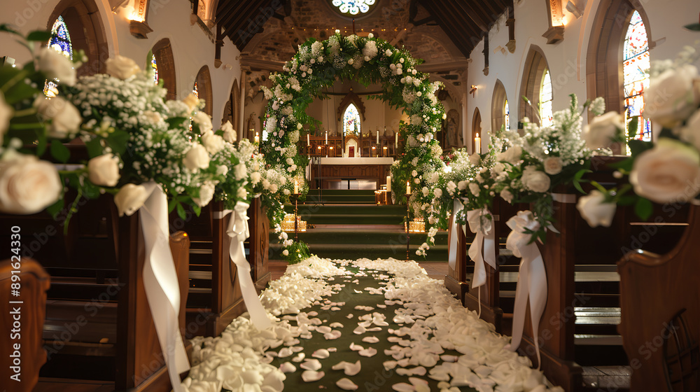 Obraz premium A beautifully decorated church with white flowers and greenery along the aisle, creating an elegant setting for a wedding ceremony.