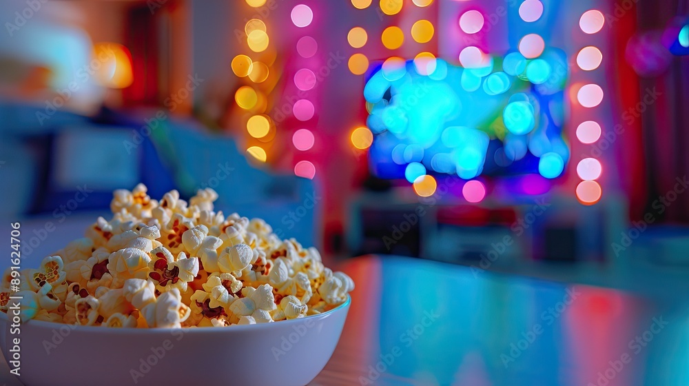 A bowl of popcorn in a cozy home theater setup with colorful lights and a blurred TV screen in the background, perfect for movie nights.. A bowl of popcorn in a cozy home theater setup with colorful lights and a blurred TV screen in the background, perfect for movie nights..