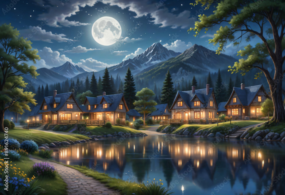 Obraz premium night landscape with lake and mountains