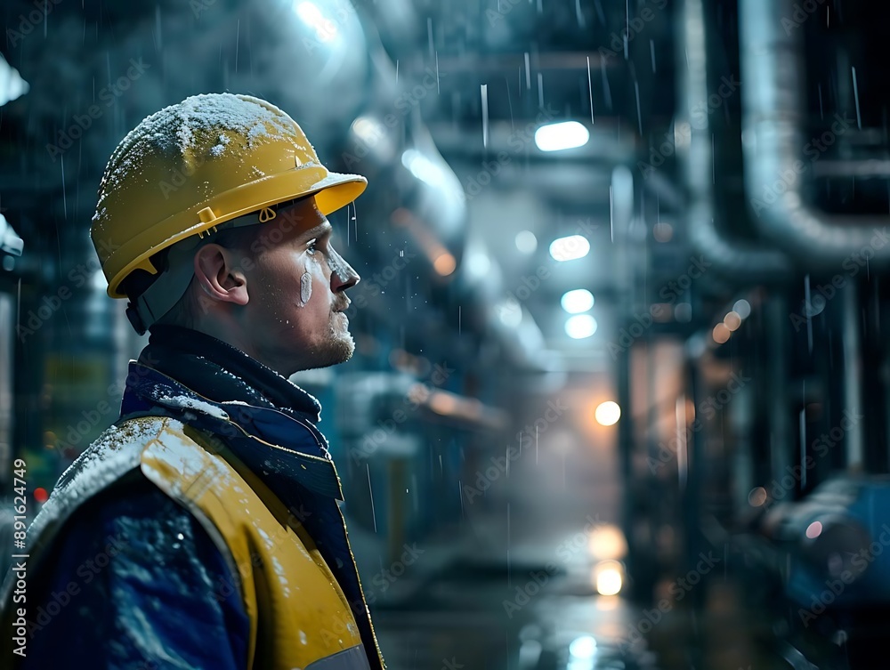 Industrial Worker in the Rain - Realistic Photo Industrial Worker in the Rain - Realistic Photo