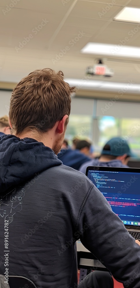 A student focused on coding on his laptop during a classroom session, representing education in computer science and programming.. A student focused on coding on his laptop during a classroom session, representing education in computer science and programming..