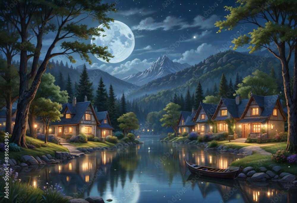 Obraz premium night landscape with lake and mountains