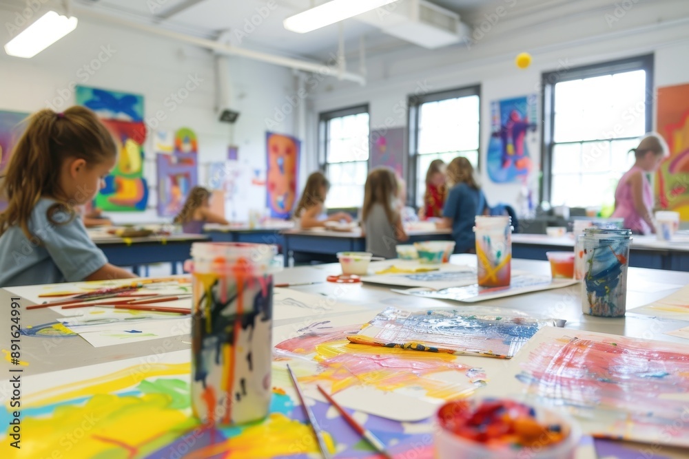 Fototapeta premium A classroom with students engaged in an art project, painting and drawing with colorful materials spread out.