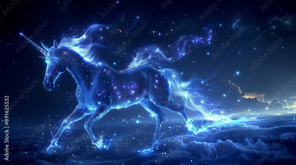 A majestic unicorn with a glowing blue mane and tail, galloping across the night sky surrounded by stars and clouds A majestic unicorn with a glowing blue mane and tail, galloping across the night sky surrounded by stars and clouds