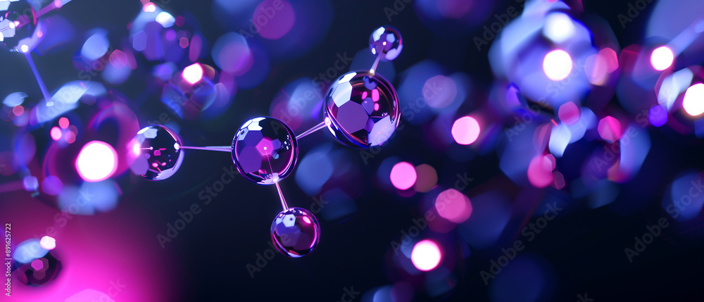 several silver and purple molecules floating in the air against a dark background with a bokeh effect and depth of field several silver and purple molecules floating in the air against a dark background with a bokeh effect and depth of field