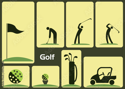 golf equipment, players in golf grounds, people playing silhouettes on isolated backgrounds, A set of golfer sports people playing golf in various poses, horizontal, copy space,