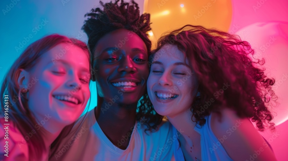 group of people of different ethnicities smiling at the camera on neon colored backgrounds group of people of different ethnicities smiling at the camera on neon colored backgrounds