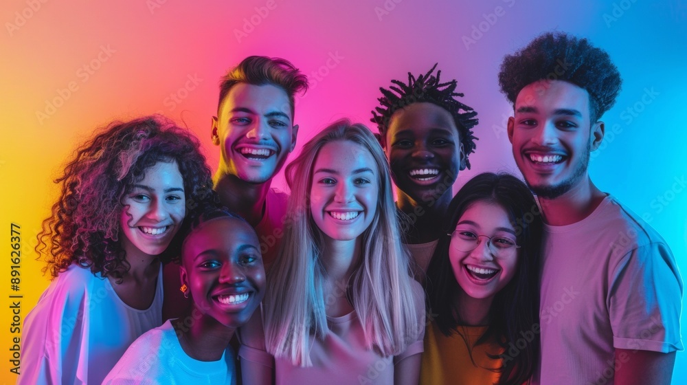 Fototapeta premium group of people of different ethnicities smiling at the camera on neon colored backgrounds