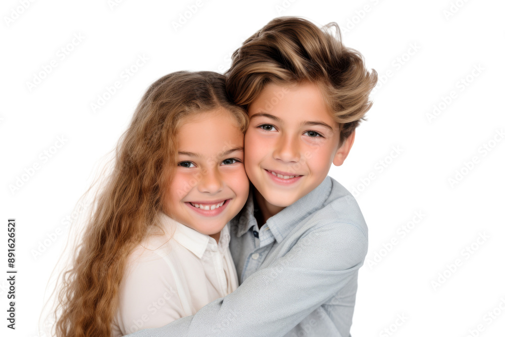 Boy hugging girlfriend from behind, both looking happy Isolated on white background Boy hugging girlfriend from behind, both looking happy Isolated on white background