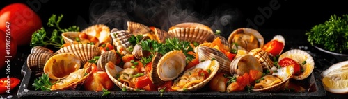 Delicious seafood platter with assorted clams, garnished with fresh herbs and vegetables, served on a dark background.