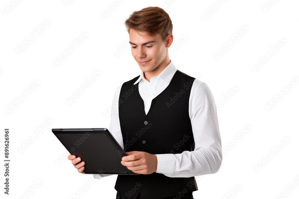 Barista using tablet for customer orders, isolated on white background Barista using tablet for customer orders, isolated on white background