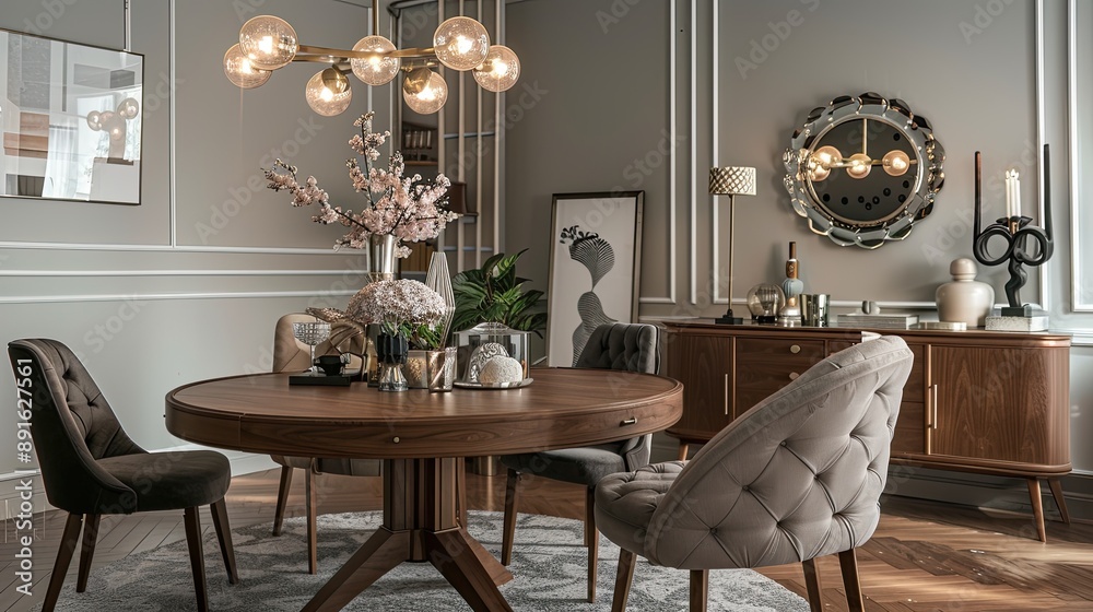A stylish dining room with a round wooden table A stylish dining room with a round wooden table