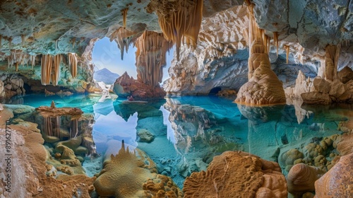 beautiful cave with rock formations and a blue lake photo