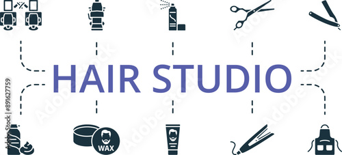 Hair Studio icon set. Monochrome simple Hair Studio icon collection. Barber Shop, Barber Chair, Spray, Scissors, Razor, Shaving Foam, Wax, Hair Gel, Hair Iron, Apron icons.