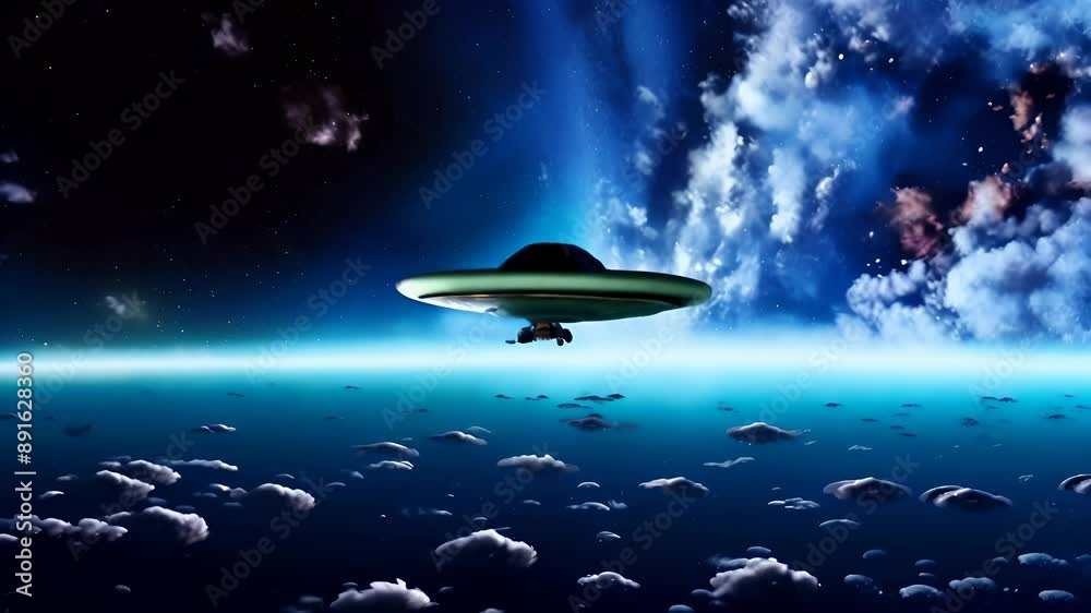 A flying ufo over the surface of the planet in space A flying ufo over the surface of the planet in space