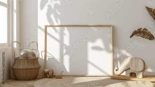 Blank frame mockup with boho home decor and pampas grass in sunl photo