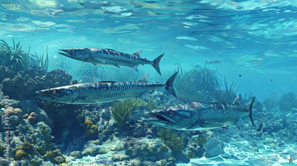 Underwater Scene of Group of Barracuda Patrolling the Vibrant Reef Ecosystem Underwater Scene of Group of Barracuda Patrolling the Vibrant Reef Ecosystem