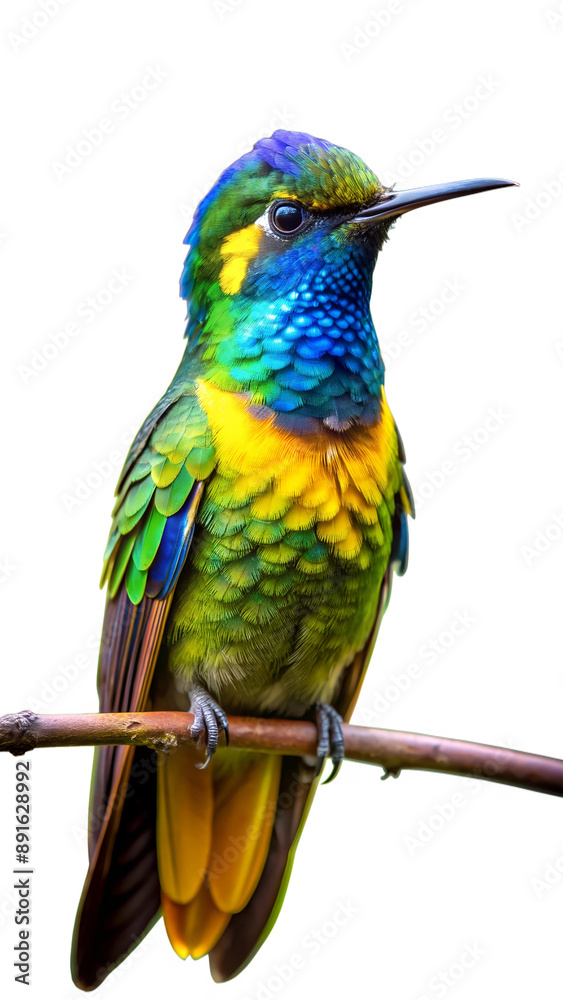 Obraz premium Isolated Yellow, Green, and Blue Hummingbird on White Background. Perfect for: Nature Events, Bird Watching Festivals, Spring