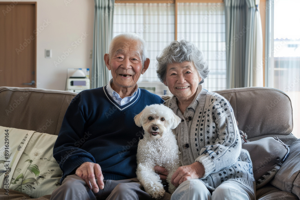 An elder couple is seated on a couch with a fluffy white dog, radiating contentment and happiness. An elder couple is seated on a couch with a fluffy white dog, radiating contentment and happiness.
