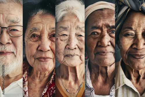 A collage of diverse elderly faces, each etched with wisdom and experience, radiating a sense of unity and human connection through their wrinkles and expressions.