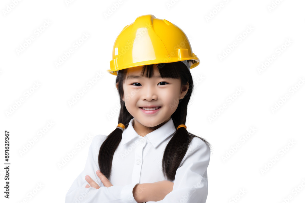Asian girl child wearing engineering helmet with arms crossed Isolated on white background